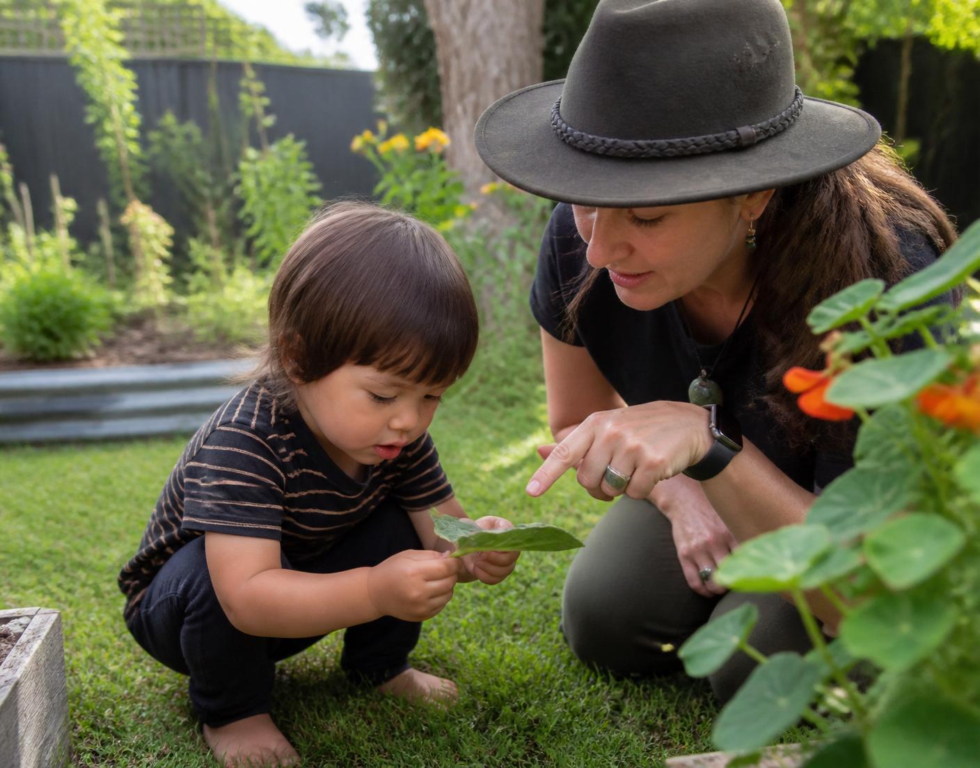A young child in a New Zealand garden examines a leaf while an educator kneels beside them.