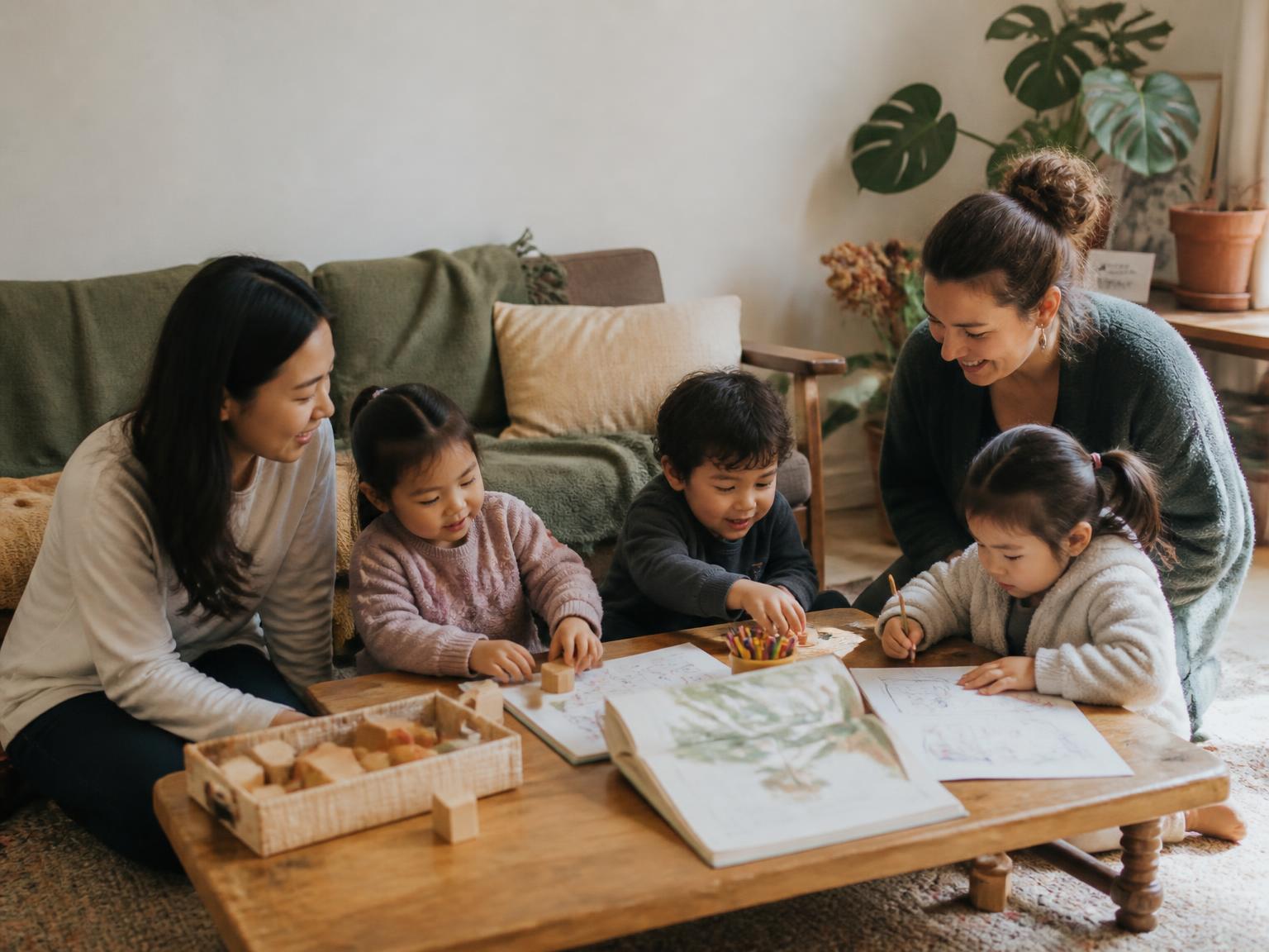 A visiting teacher sitting on the floor with a home-based educator and two young children, looking at a drawing together in a warm home setting.