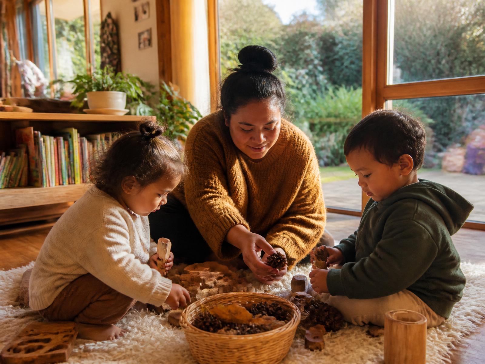 A home-based educator sits on a rug in a sunlit New Zealand home, exploring pinecones and wooden blocks with two young children.